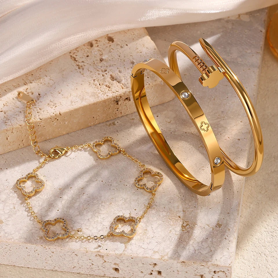 3Pcs Stainless Steel 18K Gold Bracelet Bangles Shiny Zircon