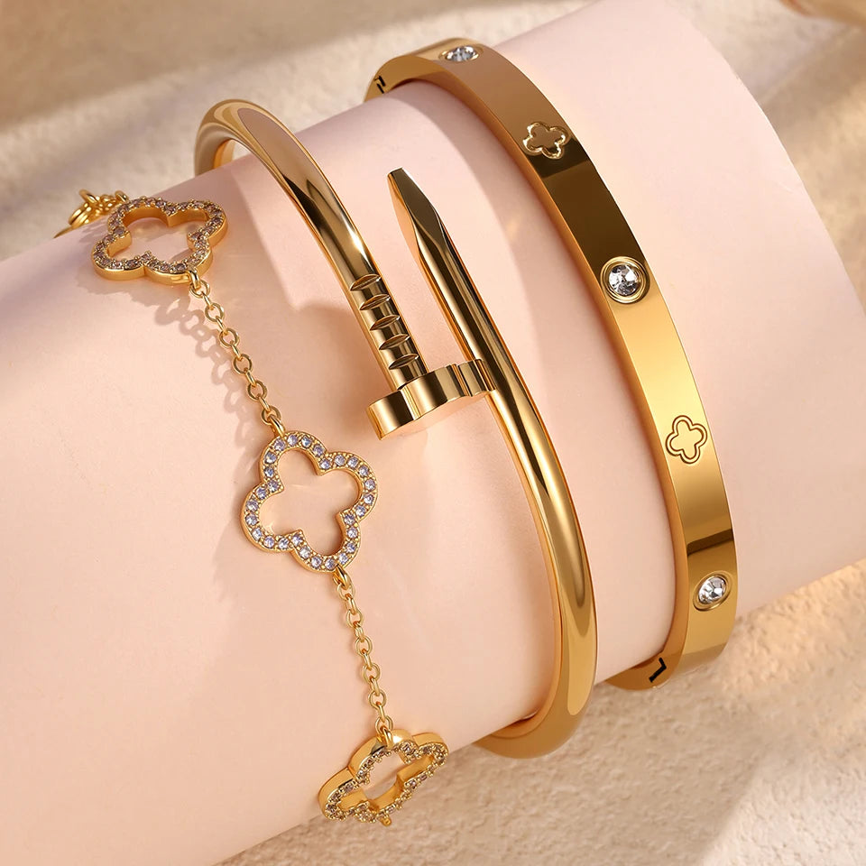 3Pcs Stainless Steel 18K Gold Bracelet Bangles Shiny Zircon