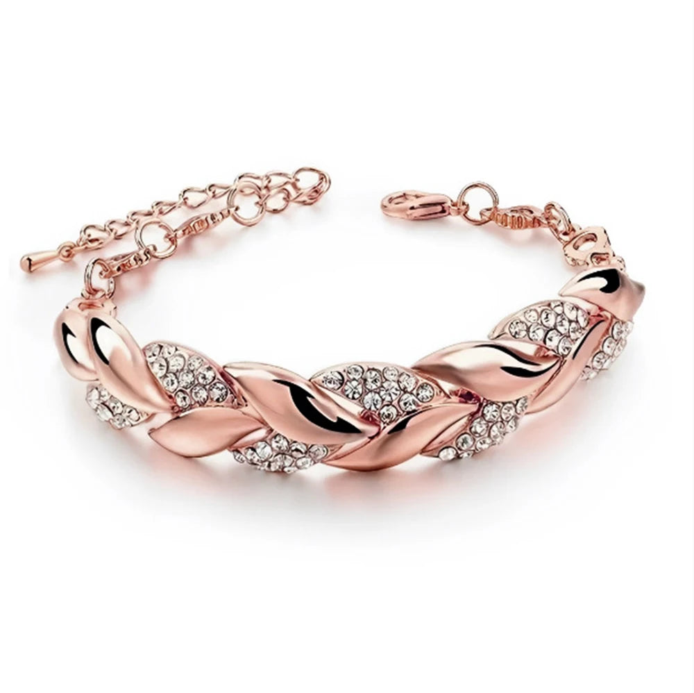 Luxury Braided Leaf Bracelet with Crystal Charm