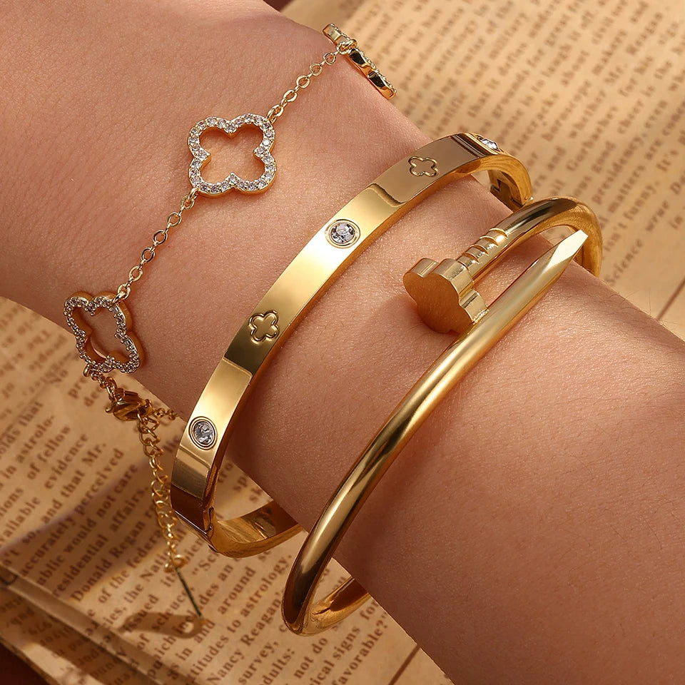 3Pcs Stainless Steel 18K Gold Bracelet Bangles Shiny Zircon